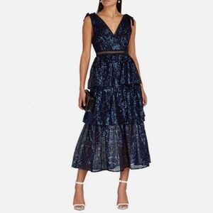 Self Portrait Check Sequin Midi Dress Black Blue size US 4 formal party holiday